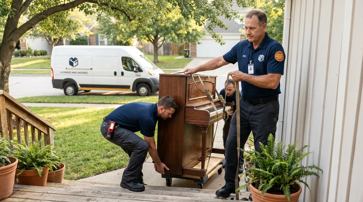 Licensed piano movers securing grand piano in Richland Center, WI
