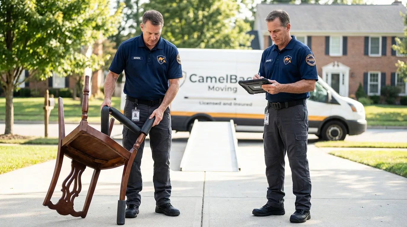 Movers inspecting furniture for damage prevention before loading in Richland Center, WI