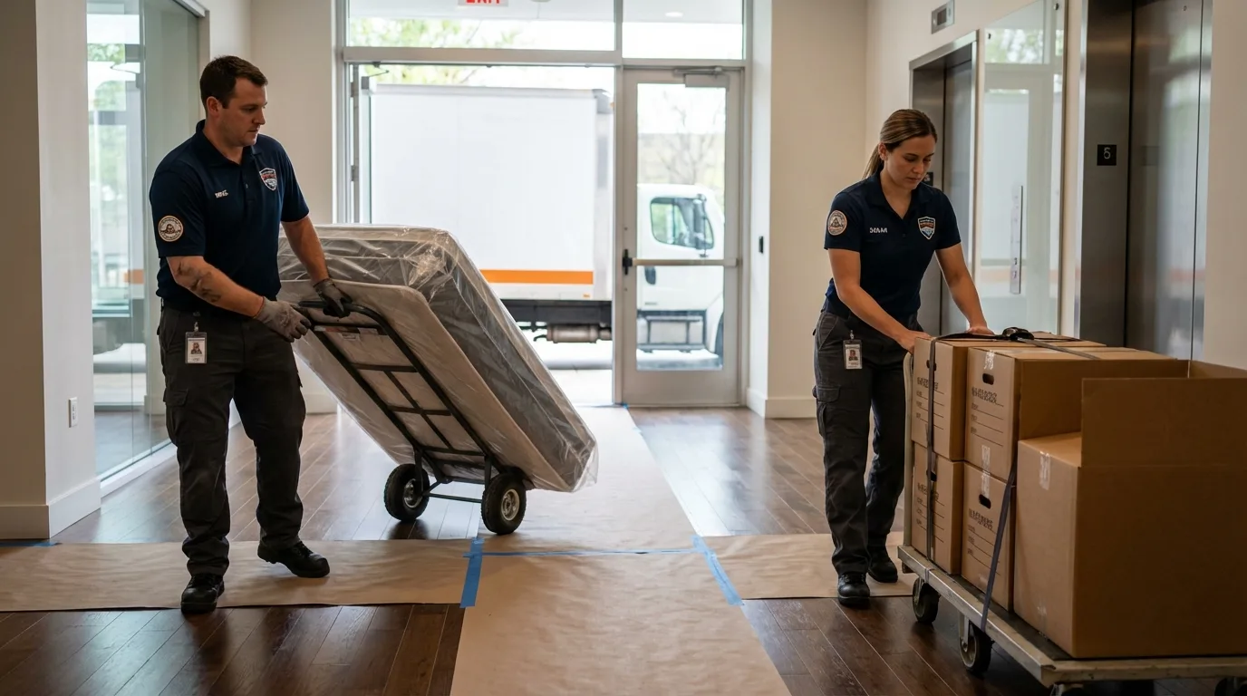 Professional apartment movers loading elevator in Richland Center, WI