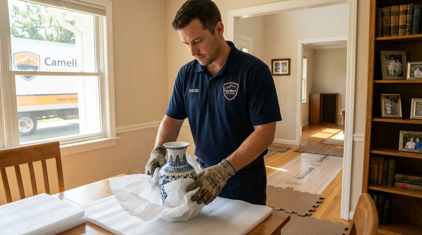 Professional crew carefully wrapping antique vase for senior downsizing move in Richland Center, WI